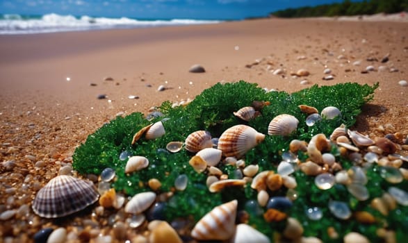 A patch of green seaweed lays on a sandy beach, surrounded by seashells and small pebbles. The ocean is in the background.