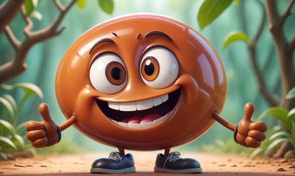 An orange-colored character with a friendly smile and two thumbs up stands on a dirt path. The character has small legs and feet, and the background is a blurred forest.