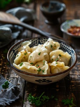 Elegantly placed in a patterned bowl, these savory dumplings are sprinkled with sesame and herbs, ready for enjoyment