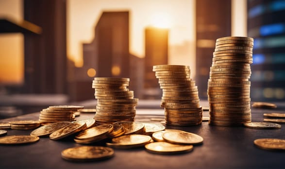 Stacks of gold coins sit on a table in front of a blurry city skyline. The setting sun casts a warm glow over the scene.