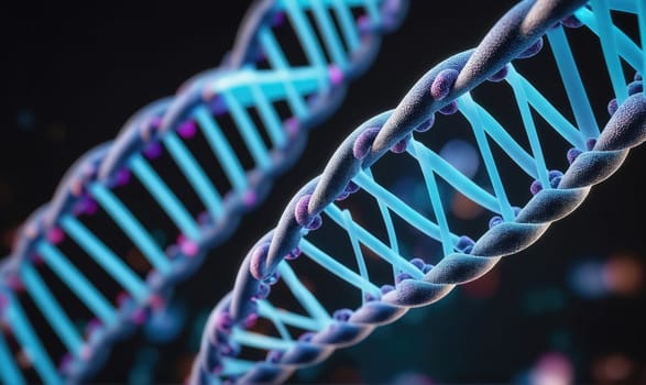 The image shows a blue and purple DNA strand, with a dark background. The strand is in focus, with a shallow depth of field that blurs the background
