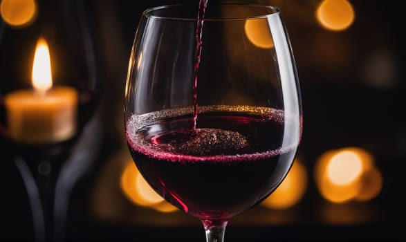 A glass of red wine is being poured against a background of warm candlelight.