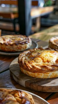 A close-up of freshly glazed pies with a golden, flaky crust on a wooden serving board, exuding homely warmth and taste
