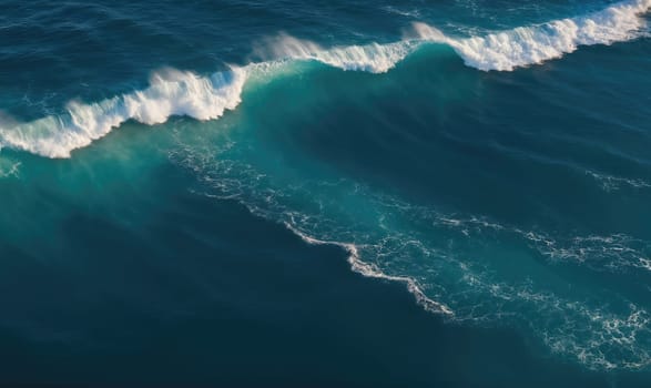The image shows an aerial view of a large wave breaking on the surface of the ocean. The wave is white and foamy, and the water is a deep blue.