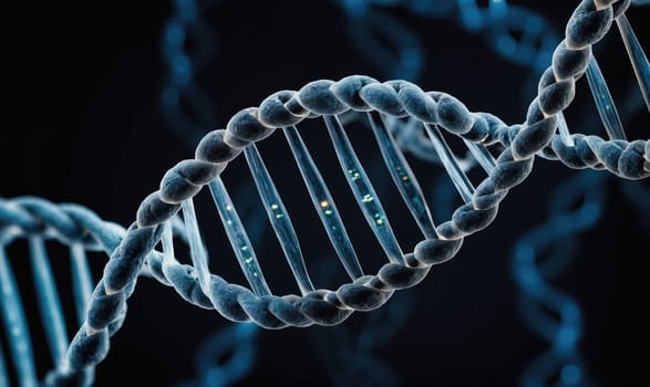 A digital rendering of a DNA double helix, the blueprint for life, is shown in close-up detail. The strands are a light blue color and twist together.