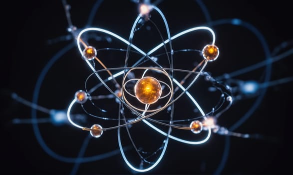 A 3D model of an atom with a central orange nucleus and several electrons orbiting in a circular motion. The electrons are glowing white and the background is a dark black.