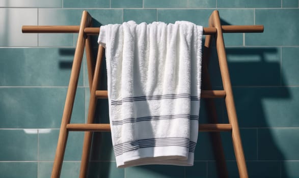 A white bath towel with grey stripes hangs on a wooden towel ladder in a bathroom. The towel is hanging on the top rung of the ladder and the ladder is placed in front of a tiled wall