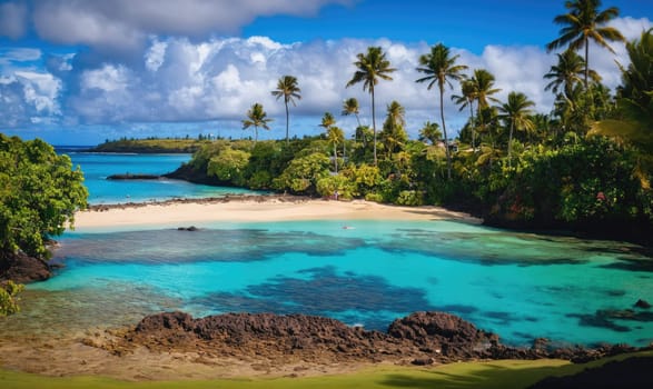 The image shows a picturesque tropical beach with white sand and turquoise water. Palm trees line the shore, and lush green foliage covers the surrounding landscape