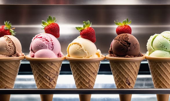 Five ice cream cones, each with a different flavor, are displayed in a glass case. The flavors include chocolate, vanilla, strawberry, and mint chocolate chip