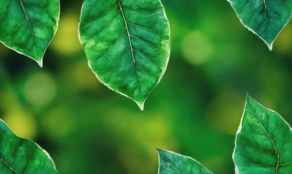 The image features several green leaves with a white border in focus against a blurry green background of other leaves