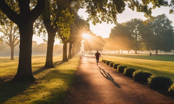 A person runs down a path lined with trees and shrubs in a park as the sun rises, casting long shadows.