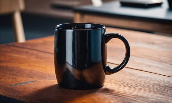 A black coffee mug sits on a wooden table with a blurry wooden chair and table in the background.