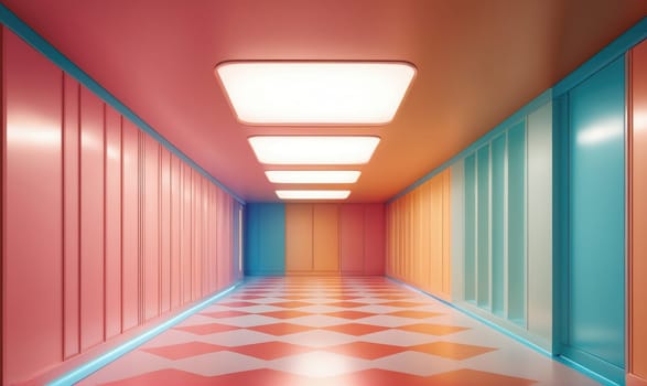 A brightly lit, long hallway with pink walls on the left and blue and orange walls on the right. The floor is checkered with white and pink squares