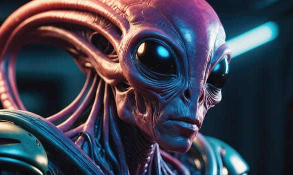 A digitally rendered alien creature with a pale, wrinkled face and large, dark eyes stares directly at the viewer