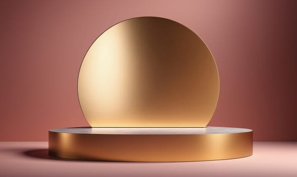 A gold platform sits on a pink surface, with a large gold circular shape behind it.
