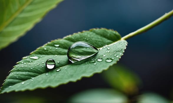 A large water droplet rests on a green leaf, surrounded by smaller droplets. The leaf is smooth and glossy, and the water droplet reflects the light from the surrounding environment.