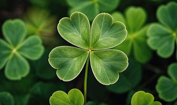 A four-leaf clover with a green stem stands out against a background of other clovers.