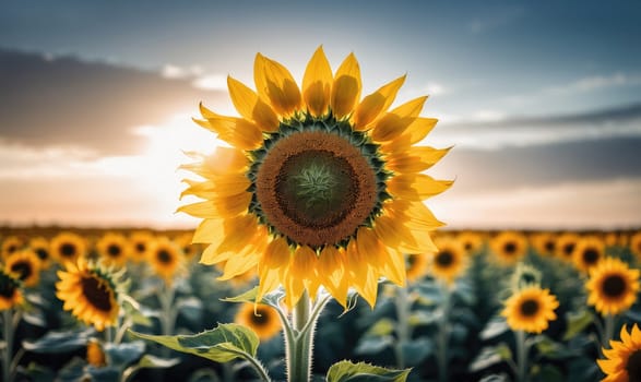 A single sunflower with large yellow petals stands tall in a field of sunflowers. The sun is setting in the background, casting a warm glow over the field.