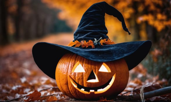 A jack-o'-lantern with a carved face is wearing a blue witch's hat. It is sitting in a pile of fall leaves. The background is a blurry view of trees.