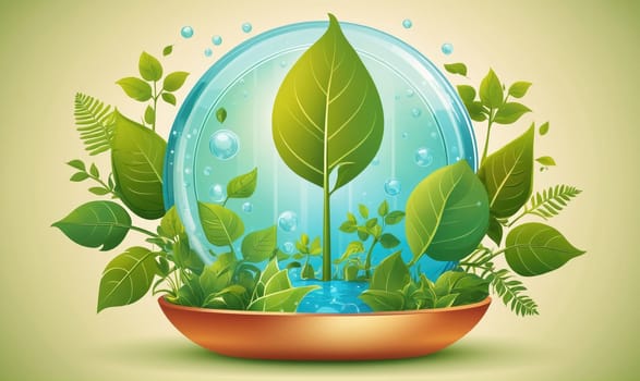 A single green leaf grows from a bowl of water inside a blue orb, surrounded by other greenery.