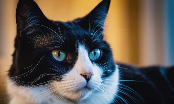 A black and white cat with a white patch on its face looks directly at the camera with piercing blue eyes. The cat has a small black nose and its fur is smooth and glossy.
