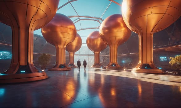 Two figures are walking through a futuristic space station with a large, open atrium. The floor and walls are polished metal, and there are several large, metallic orbs lining the walls