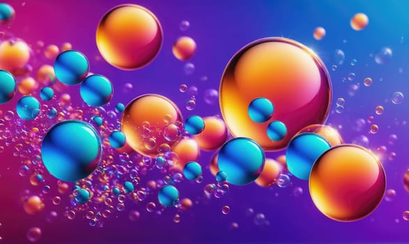 A close-up shot of many colorful bubbles floating in a liquid medium. The bubbles are in shades of blue, orange, and red, against a purple and blue background.