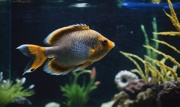 A brightly colored fish with yellow, grey, and black markings swims in an aquarium. The fish is in the foreground and is swimming to the right of the image