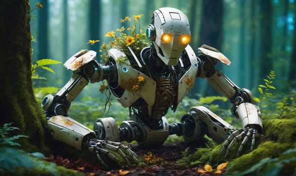 A white robot with yellow glowing eyes sits in a lush green forest, covered in moss and flowers.