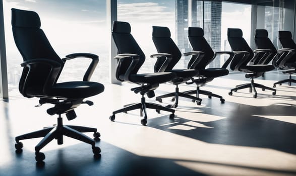 A row of black office chairs with wheels are positioned in front of a large window with a view of a city. Sunlight streams through the window, casting long shadows on the floor.