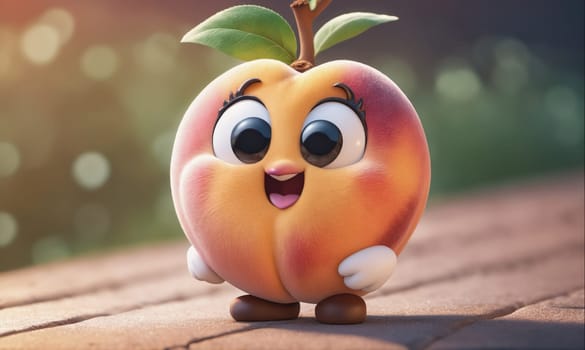 A cartoon peach with large eyes, a pink blush, and a big smile is standing on a wooden surface with a blurry green background.