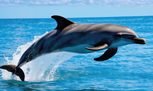 A dolphin, with its sleek, dark body, jumps out of the clear, blue water. The dolphin is mid-air, its tail and fins creating small splashes.