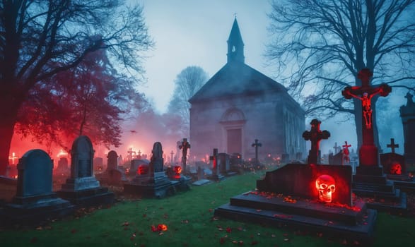 A foggy graveyard at twilight. A church stands in the background, silhouetted against the fading light
