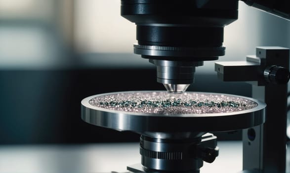 A close-up view of a microscope focused on a circular plate covered in small, reflective particles. The microscope is positioned above the plate, with its lens facing down.
