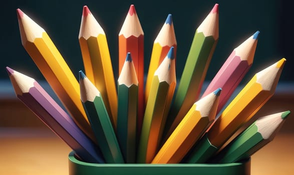 A group of colored pencils in various shades of yellow, green, blue, red, and purple are standing upright in a green pencil holder