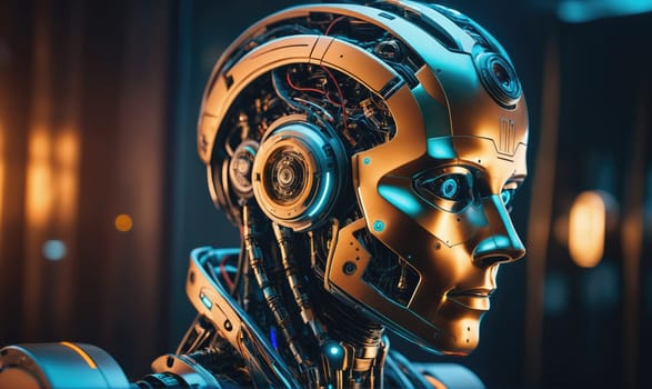 A close-up image of a robot's head, showing intricate metallic details and glowing blue eyes
