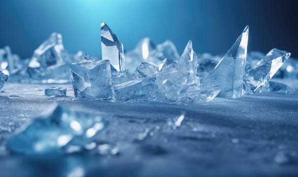 Close-up view of many sharp ice crystals on a frozen surface, reflecting sunlight. The ice is clear and translucent, and there is a slight blur in the background.