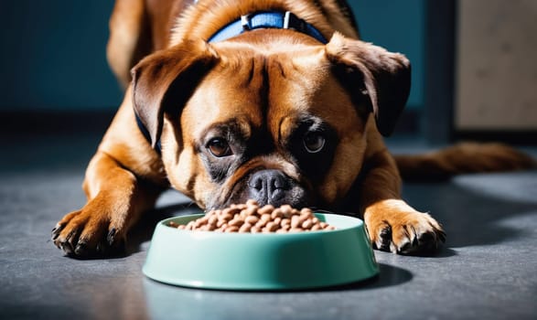 A brown dog with a blue collar is eating from a bowl of food. The bowl is teal and the dog is lying on a grey floor. The dog's paws are visible in the foreground.