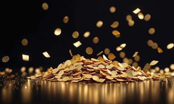 A large pile of gold coins sits on a dark surface. More gold coins are falling onto the pile. The coins are shiny and reflect the light. The background is dark.