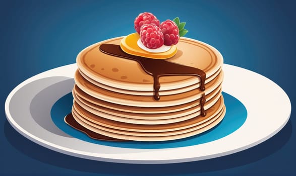 A tall stack of golden brown pancakes sits on a white plate. Drizzled in chocolate sauce, the pancakes are topped with fresh raspberries and a slice of orange.