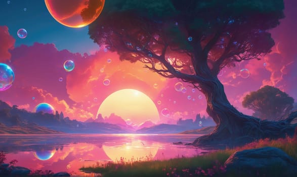 A digital illustration depicts a large tree by a still lake, with a pink sky and iridescent bubbles floating in the air. The setting sun casts a warm glow on the scene, reflecting in the water
