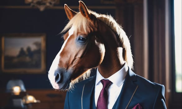 A brown and white horse with a blonde mane is wearing a navy blue suit and a red tie. The horse is standing in a room with dark wood furniture and a painting on the wall behind it.