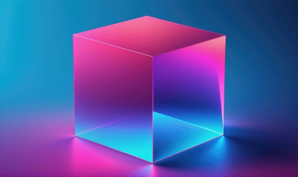 A transparent cube with a blue glow is positioned on a gradient surface that transitions from blue to pink. The cube casts a reflection on the surface.