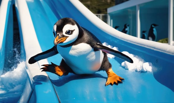 A penguin slides down a blue waterslide. It is looking to the left with its head turned. The penguin's feet are facing the camera. Other penguins are visible in the background.