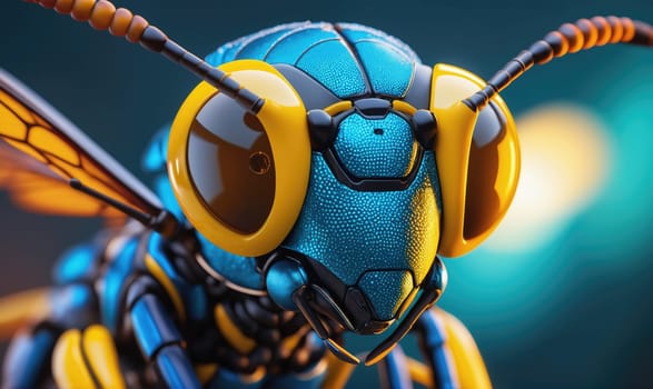 A close-up of a wasp with a blue and yellow exoskeleton. The wasp has large yellow eyes and appears to be looking directly at the camera. The background is blurred and appears to be teal.