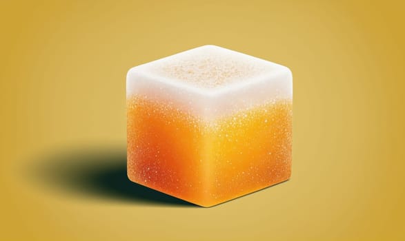 A square ice cube with beer frozen inside is shown with a white layer of foam on top.