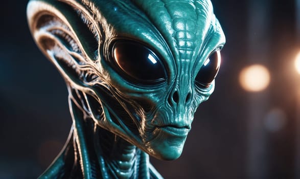 A digital rendering of a grey alien with large, black eyes and a smooth, grey skin tone. The alien is looking directly at the camera with a serious expression