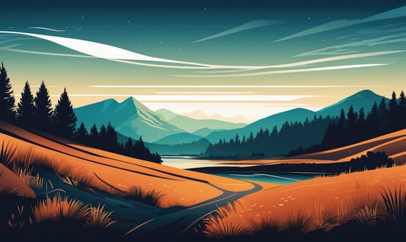 The image shows a scenic landscape with rolling hills, a winding road, a lake, and distant mountains. The sky is a vibrant blue with clouds, and the hills are covered in lush grass.