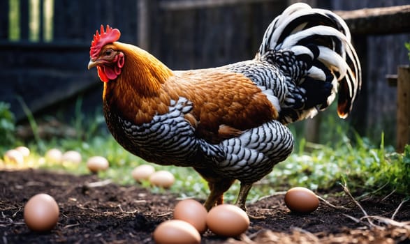 A rooster with black and white feathers and a bright red comb stands in a dirt yard surrounded by brown eggs.