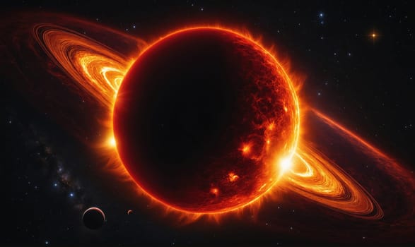 A fiery red star with a ring system is featured against a black background dotted with white stars.